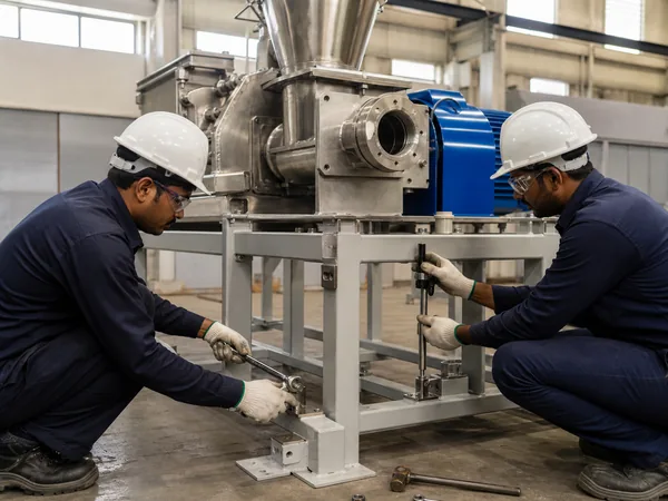 Two technicians installing and aligning a stainless steel processing machine