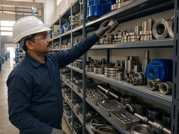 Stainless steel machine spares and components on store shelving