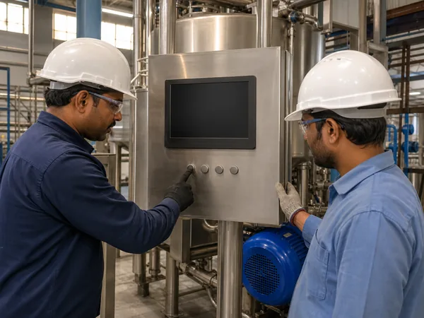An engineer showing a plant operator how to run a machine at its control panel